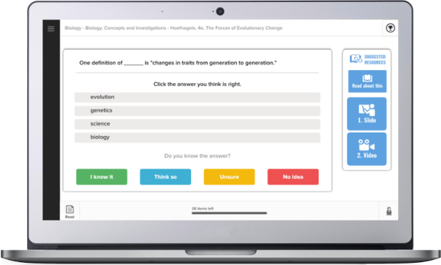 Students answer questions, rate their confidence in their answer, and have access to related resources. Students answer questions, rate their confidence in their answer, and have access to related resources.