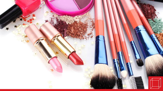 A colorful array of lipstick, blush, and mascara