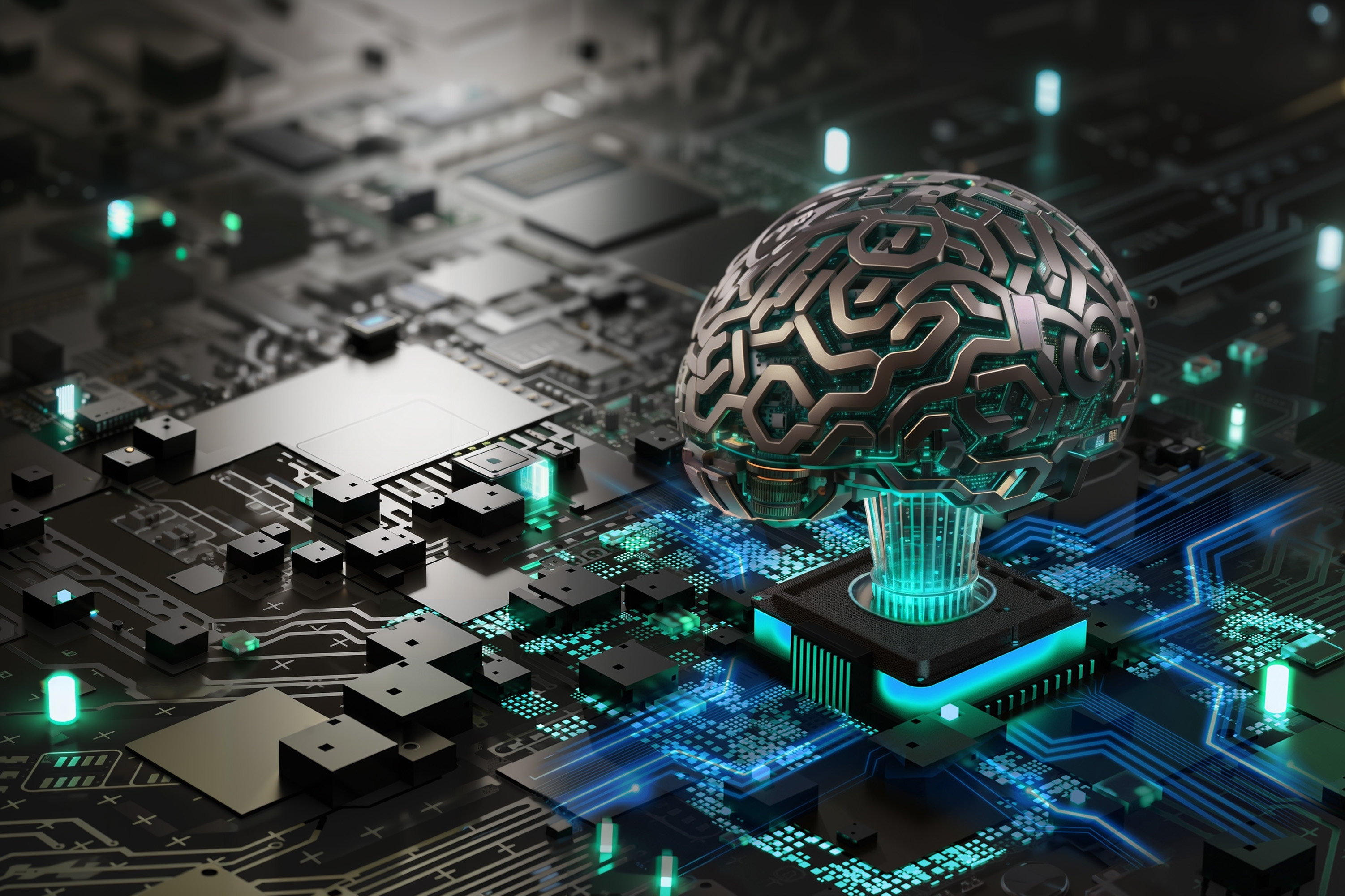 Futuristic Concept Illustration Art of A High-Tech Brain-Shaped AI Chip on A High-Tech Computer Circuit Board With Vibrant Neon Lights; Shutterstock ID 2443738719; purchase_order:Cover_Tom Mitchel/Machine Learning; job:; client:Aishwarya/Shalini; other: