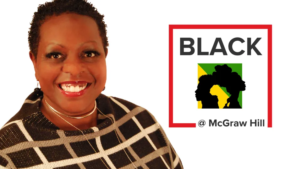 Leslie Adkins smiling with the Black at McGraw Hill logo behind her