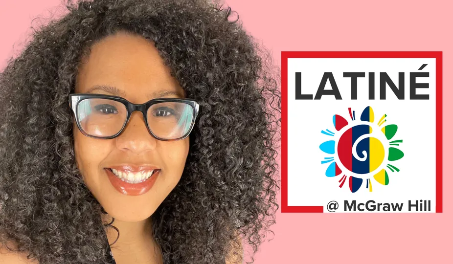 Melissa Swan smiling with the Latiné at McGraw Hill logo behind her
