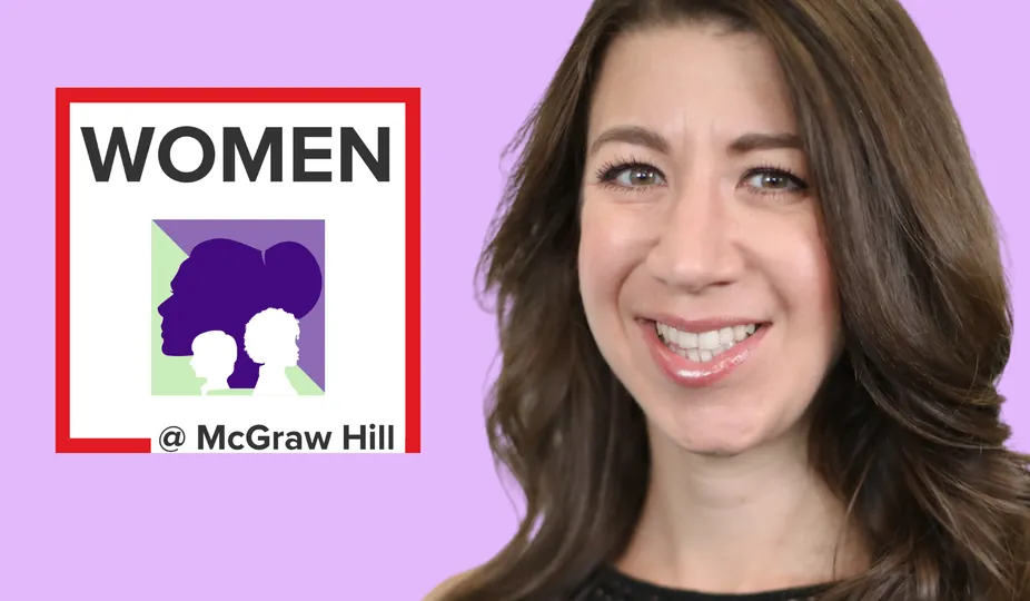 Dr. Sam Shaprio smiling with the Women at McGraw Hill logo behind her