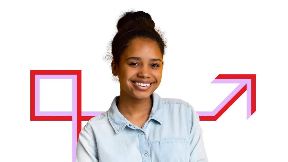 Photo of student smiling with background graphics.