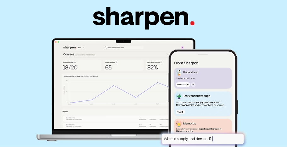 Laptop with a screenshot of Sharpen a college study app for exam prep.