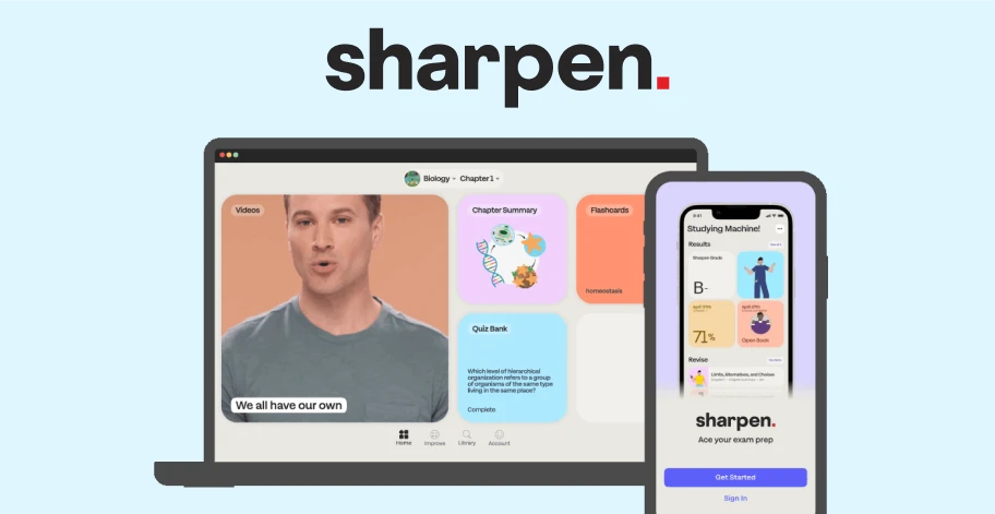 Laptop with a screenshot of Sharpen a
college study app for exam prep.