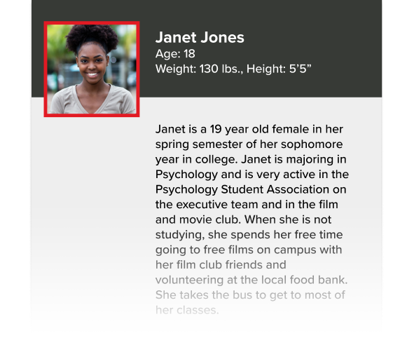 system screenshot reads - Janet is a 19 year old female in her spring semester of her sophomore year in college. Janet is majoring in Psychology Student Association on the executive team and in the film and movie club. When she is not studying, she spends her free time going to free films on campus with her film club friends and volunteering at the local food bank. She takes the bus to get to most of her classes.