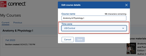 Connect screenshot showing ability to edit course by time zone