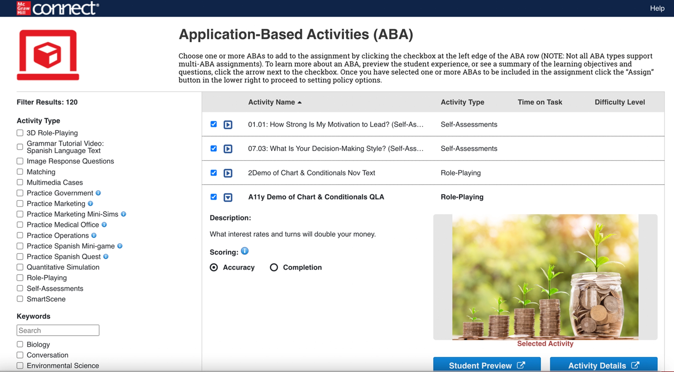 Connect screenshot showing application-based activities