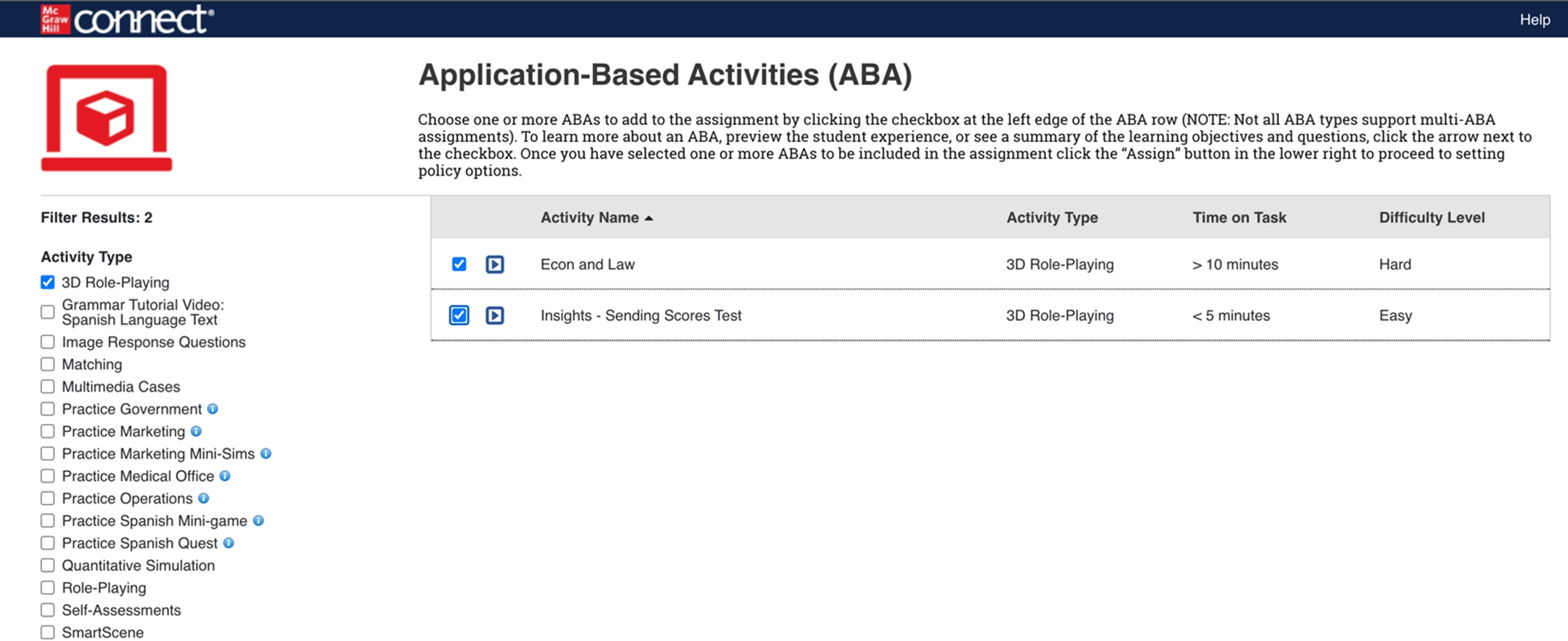 Connect screenshot showing application-based activities with number of activities displayed.