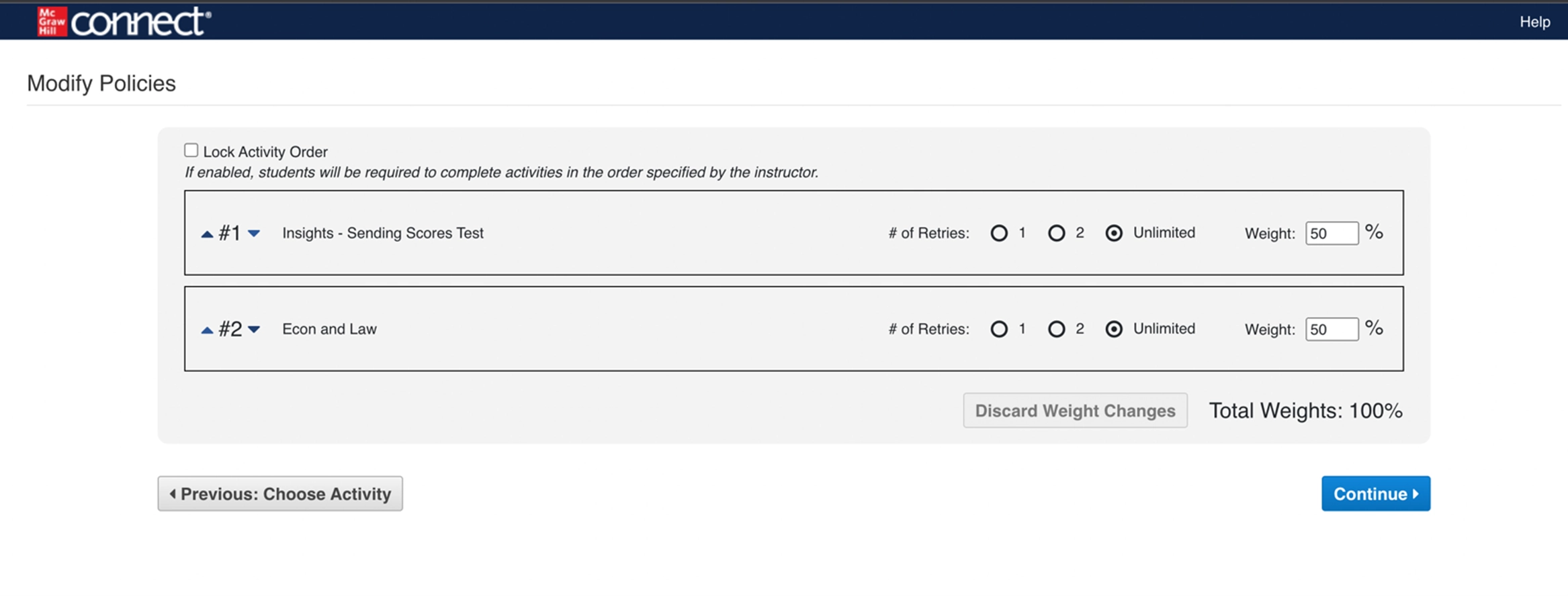 Connect screenshot showing application-based activities modify policies