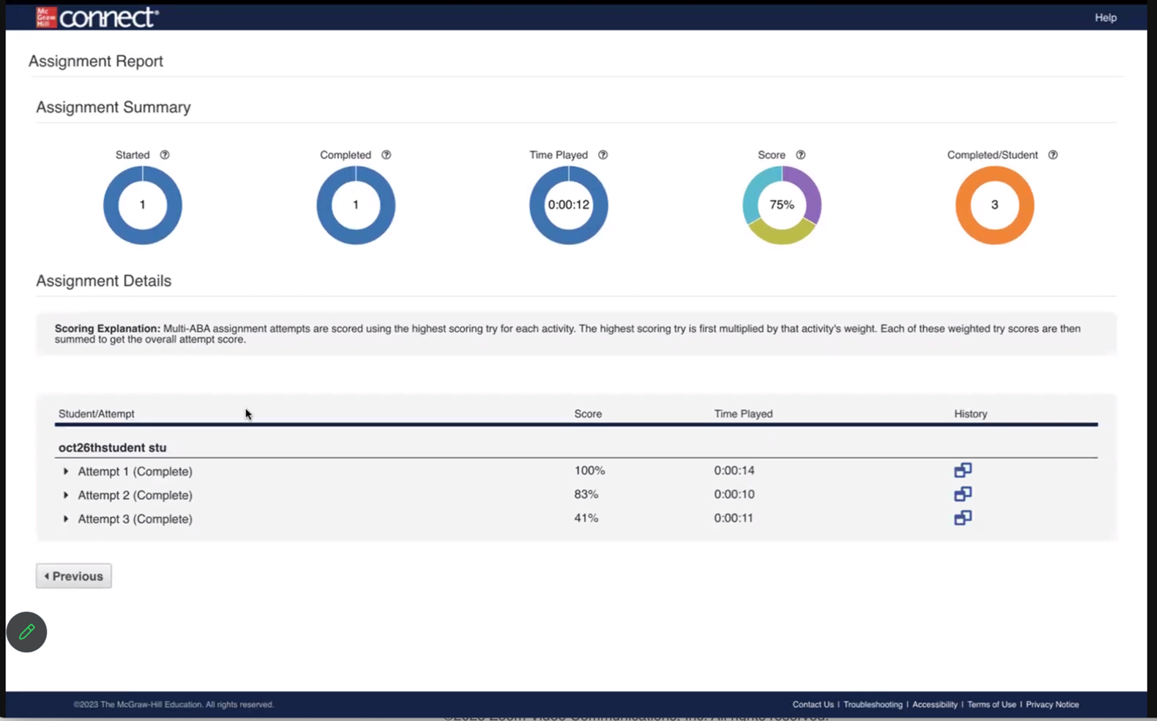 Connect screenshot showing application-based activities detailed reporting