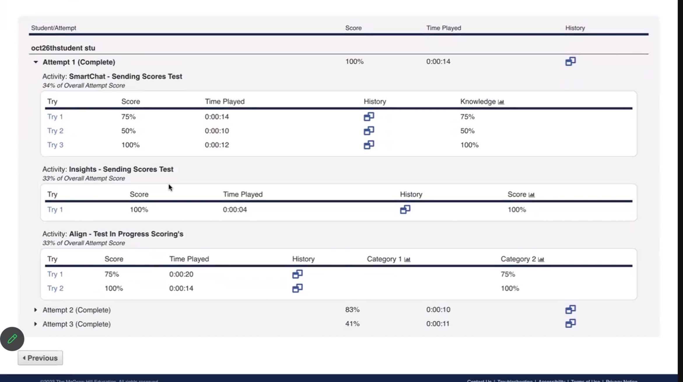 Connect screenshot showing application-based activities detailed reporting student attempts