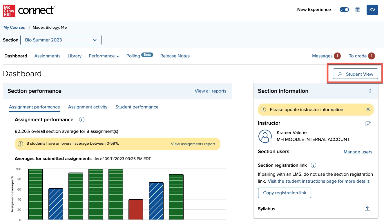 Connect screenshot showing student view access in dashboard