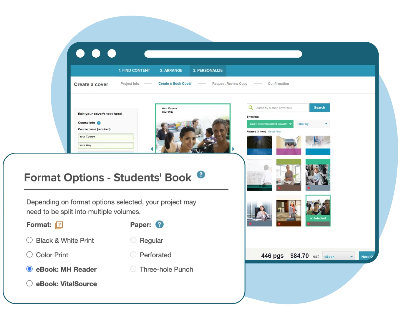 A screenshot from the platform Create on a “Personalize” screen where the user can customize the book cover, select format options for student use and add course info.