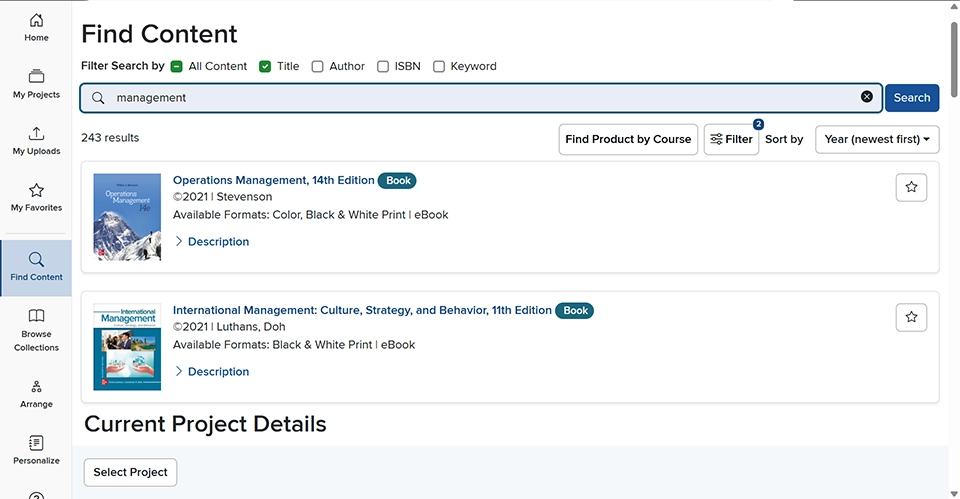 A screenshot from the platform Create showing a list of results after searching “management” in the toolbar. Filters include content type, format, copyright year, language, trim size and active state.