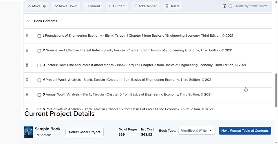A screenshot from the platform Create on an “Arrange Project” screen where the user can drag and drop the order of compiled content for a custom book.