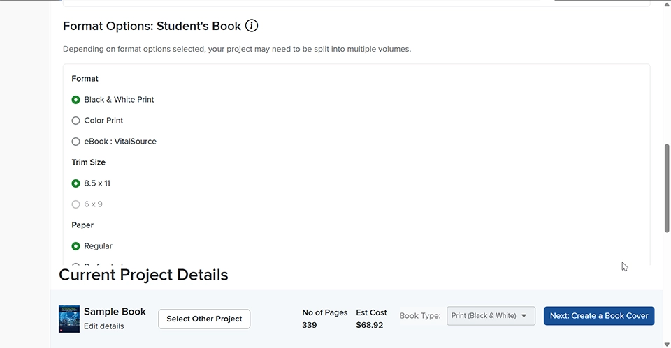 A screenshot from the platform Create on a “Personalize” screen where the user can customize the book cover, select format options for student use and add course info.