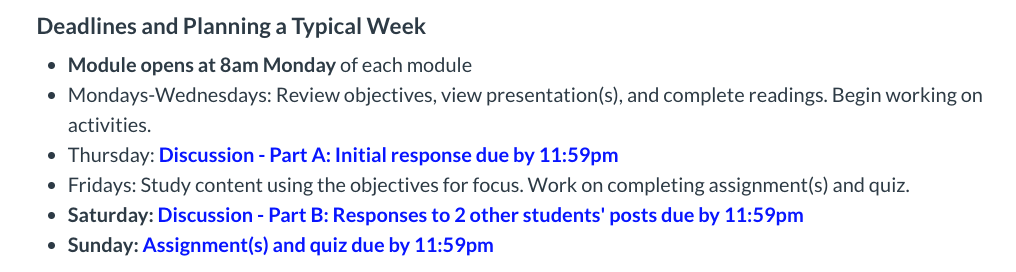 Deadlines and Plannings of a Typical Week