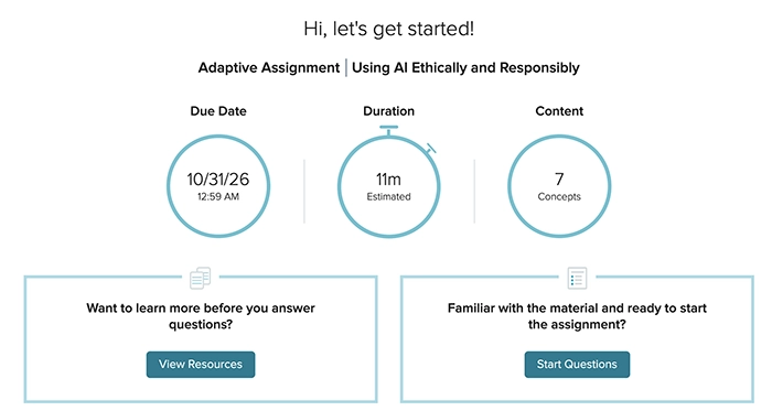 Connect interface screenshot showing example of how assignments are personalized for individual students.