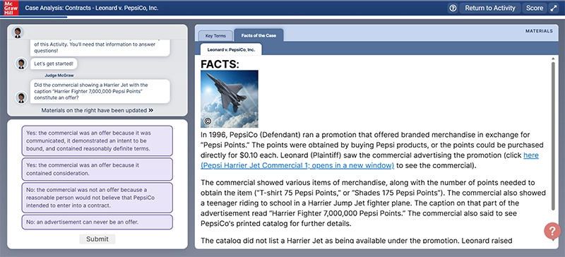 Connect interface screenshot showing example of business law case analysis exercise. 
