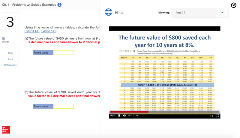 Screenshot showing McGraw Hill Connect showing guided examples of student excercises.