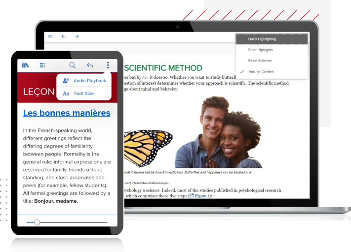 A laptop with textbook resources and a tablet with the ReadAnywhere App.