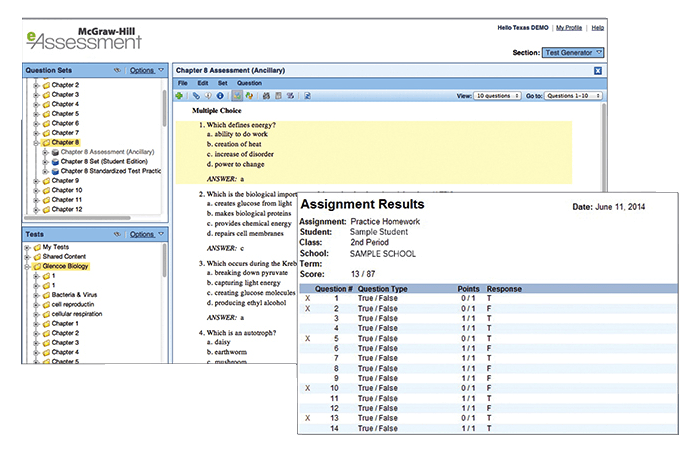 McGraw Hill Assessment tool showing folder structure of assigments and results on screenshot