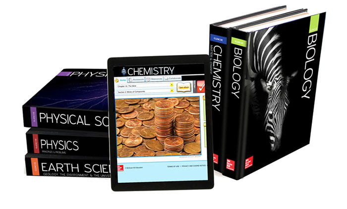 High School science books stacked and shown on tablet