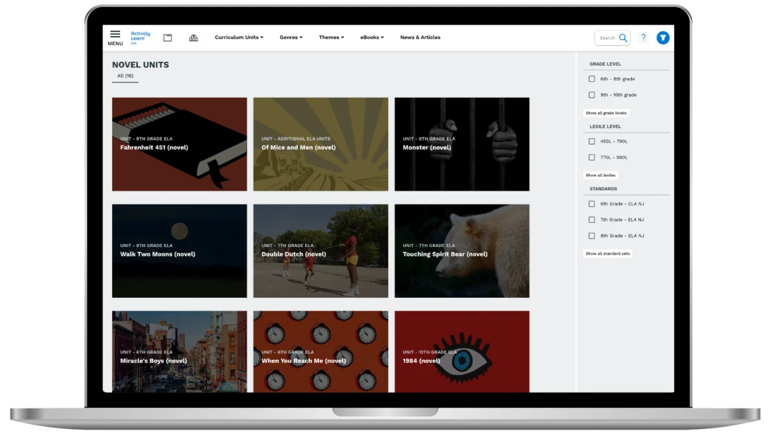 A screen shot of Actively Learn’s library of units based on novels