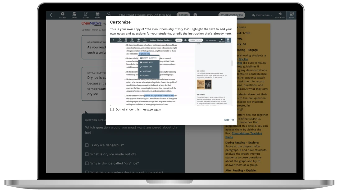 A screen shot of Actively Learn showing instructor customization tools to add interactivity to assigned reading