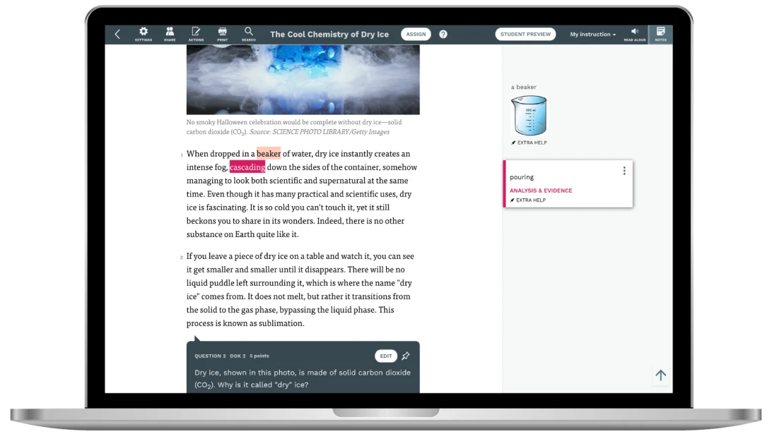 A screen shot of Actively Learn showing interactive resources in assigned reading