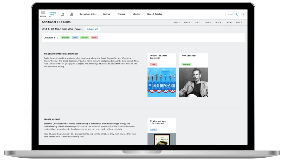 A screen shot of content inside of a John Steinbeck unit in Actively Learn