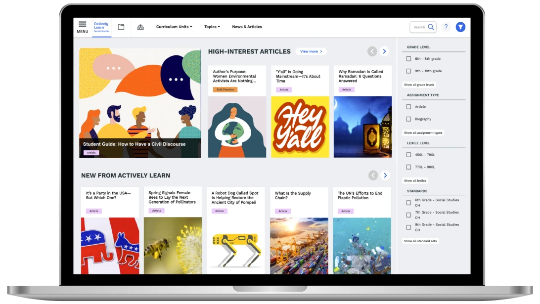 A screen shot of Actively Learn’s library of resources, showing a variety of articles and filtering tools
