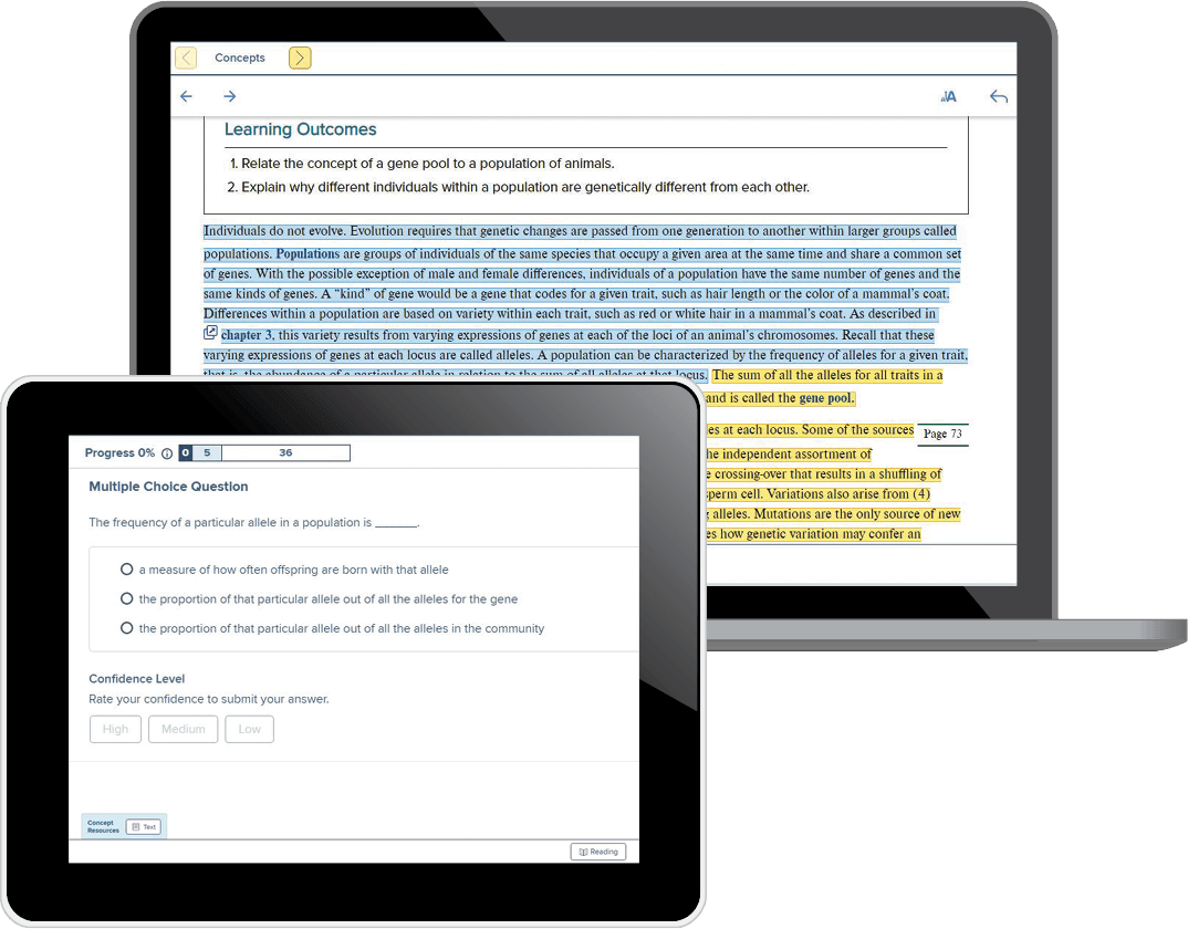 Multiple Choice questions and Learning outcome screenshot examples