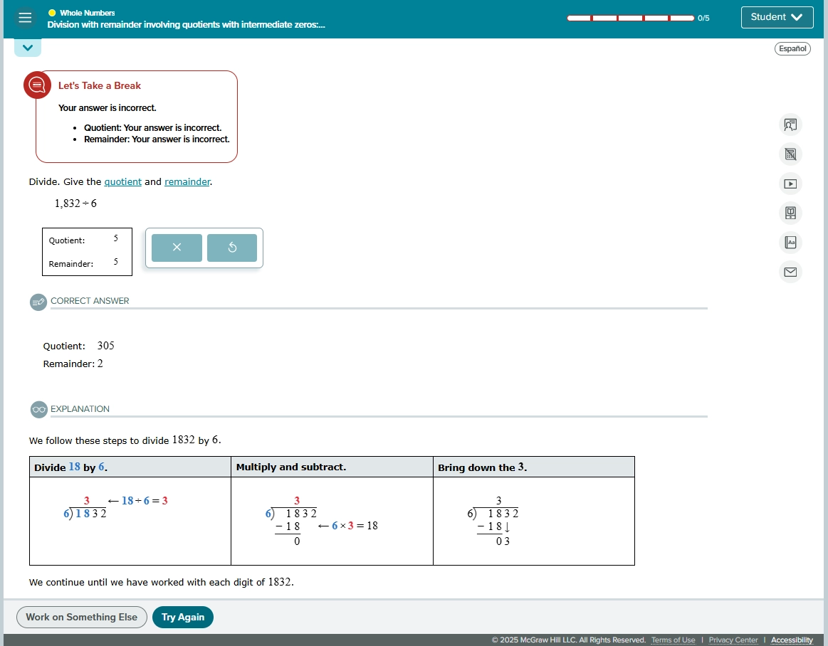 screenshot of ALEKS showing that an answer is incorrect with the correct answer and explanations below it and options to work on something else or try again