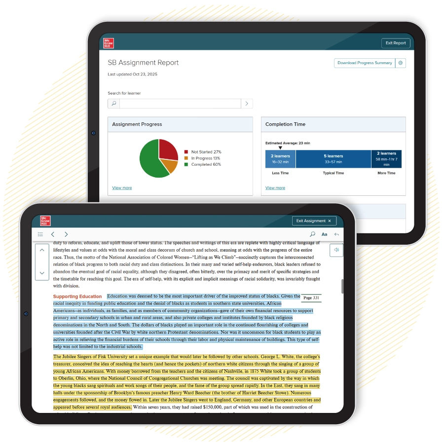 Tablets displaying McGraw Hill’s SmartBook®, delivering personalized, adaptive learning for AP African American Studies.