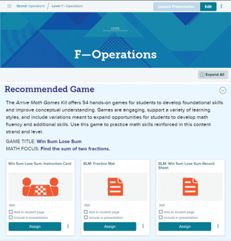 Screenshot of Arrive Math Level F Operations, Recommended Games