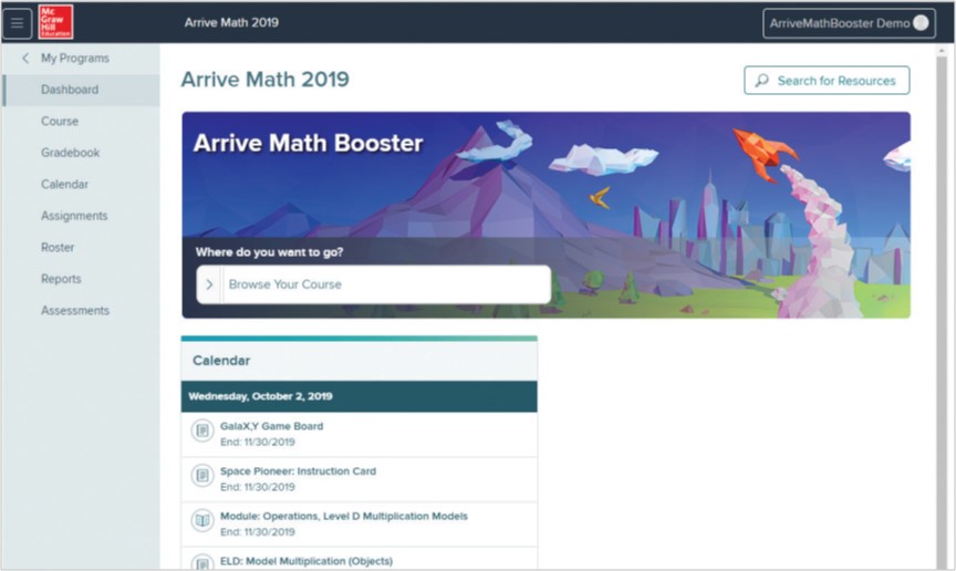 my.mheudcation screenshot showing Arrive Math Booster dashboard page