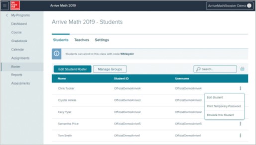 my.mheducation.com screenshot showing Arrive Math 2019 student roster