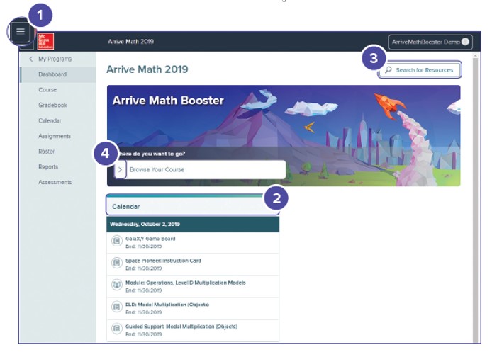 Arrive Math screenshot dashboard labeling and showing locations for planning and management, calendar, search for resources, and how to quickly access course content