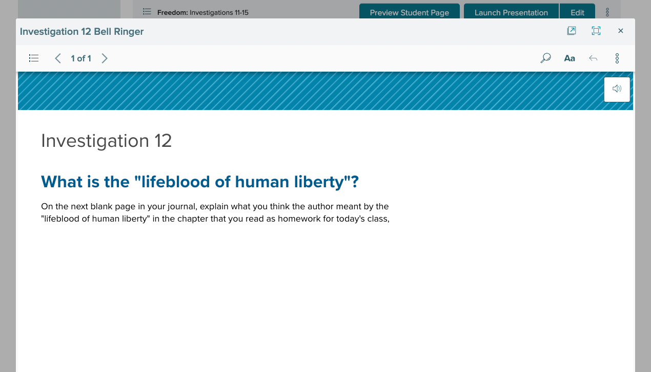 Investigation 12 Bell Ringer, What is the lifeblood of human liberty? instructions example