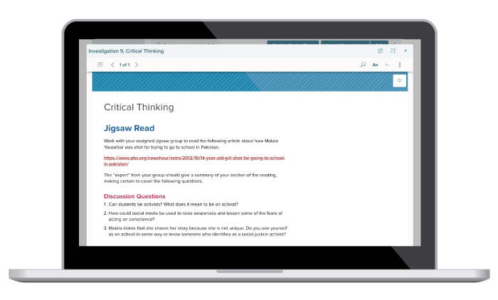Investigation 9, Critical Thinking, Jigsaw Read Instructions  and discussion questions on laptop screen