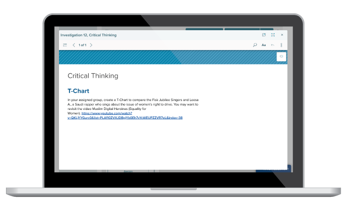 Critical Thinking, T-Chart example on laptop screen