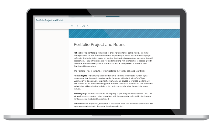 Portfolio Project and Rubric rationale example showing human rights topic, empathy map, and interview on laptop