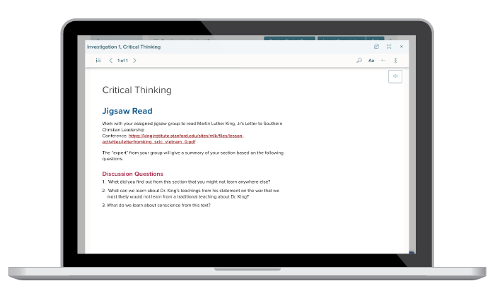 Investigation 1, Critical Thinking, Jigsaw Read Instructions and discussions on laptop screen