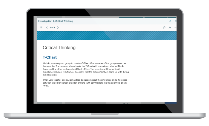 Critical Thinking, T-Chart instructions on laptop screen