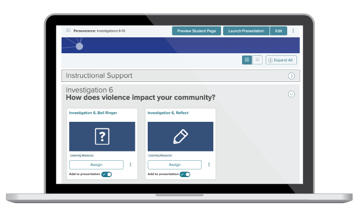 example of Instruction support for Investigation 6, How does violence impact your community shown on a laptop screen