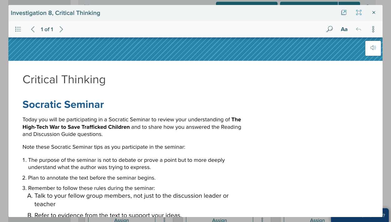 Investigation 1, Critical Thinking, Socratic Seminar instructions