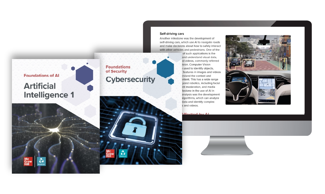 The textbook covers for the Foundations programs Artificial Intelligence 1 and Cybersecurity
beside a desktop featuring content from the Foundations digital program.