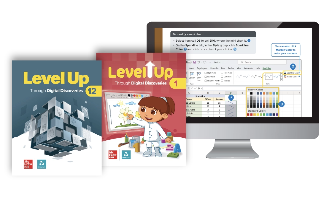 The textbook covers of Level Up for Grades 1 and 12 beside a desktop screen
with content from the Level Up digital program.